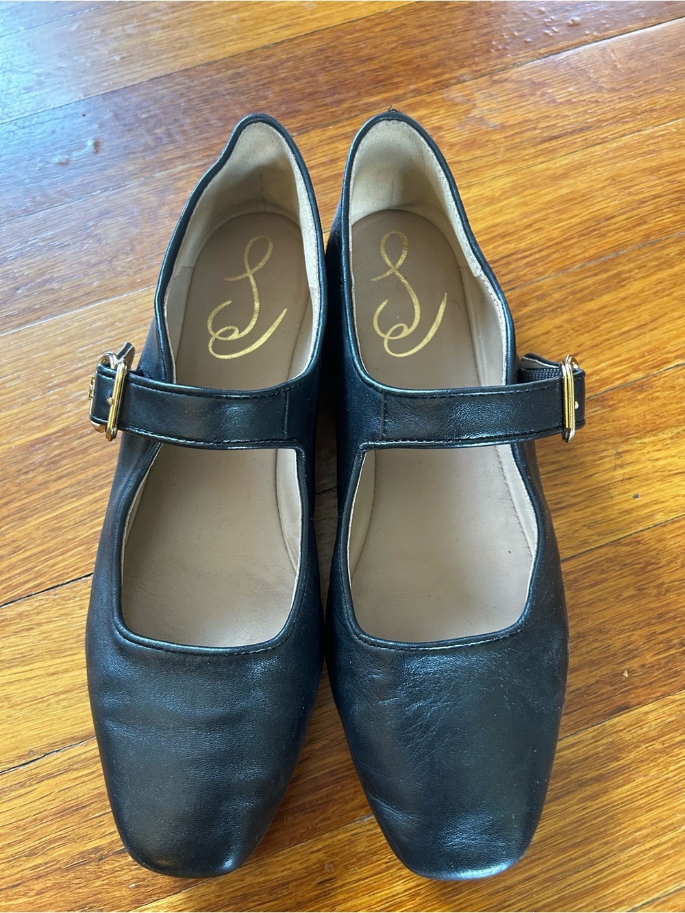 Sam Edelman Black Mary Jane Flats with Gold Buckles - Picture 2 of 5